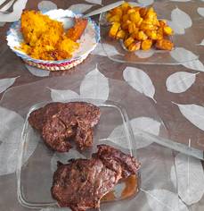 Steak, potatoes and rice